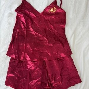 SHEIN Burgundy Satin Cami & Short Pajama Set with Gold Monogram